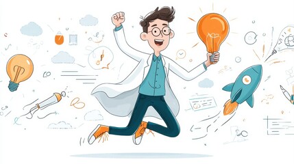 A cheerful scientist jumps with a glowing lightbulb, surrounded by creative and scientific icons like rockets and formulas.
