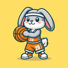 Cute Rabbit Playing Basketball Cartoon Vector Art, Illustration and Graphic