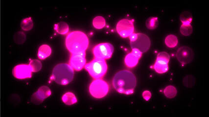 Abstract pink neon bokeh background with glowing light orbs on a dark black backdrop. 