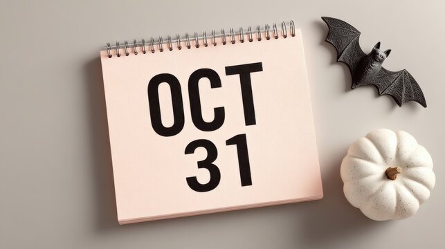 Halloween date October 31 on spiral calendar with bat figure and white pumpkin on neutral background perfect for minimal spooky visuals, event banners and seasonal promotion content