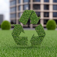 Green Grass Textured Recycle Symbol in Park Setting with Blurred Background