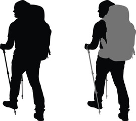 Hiker with backpack and sticks silhouette - vector