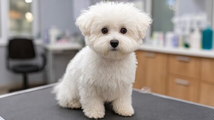 Professional pet groomer trimming a fluffy poodle in a vet hospital environment for animal care
