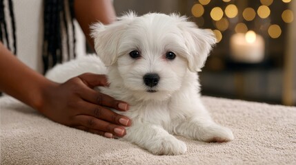Puppy enjoying a luxurious massage at pet spa relaxing environment adorable dog in a cozy setting for veterinary care