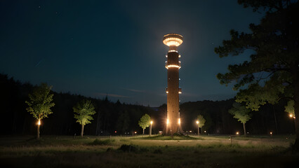 A tall illuminated tower stands in the middle of a serene field, surrounded by glowing trees and soft landscape lighting under a clear night sky. Ideal for book covers and travel posters.