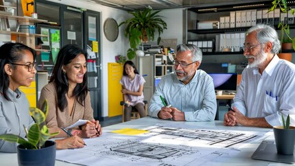 Diverse architects and engineers engaged in a creative brainstorming session around building plans - Powered by Adobe