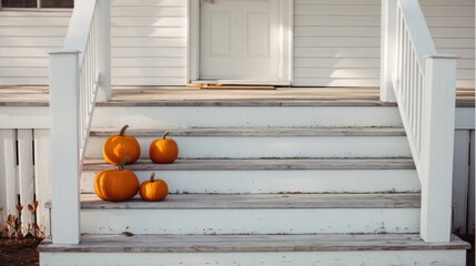 Halloween pumpkins arranged on white wooden front porch steps of a house in afternoon sunlight perfect for seasonal home decor visuals, autumn holiday promotions and greeting cards
