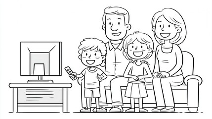 A family of four happily watches television together while sitting on a couch in a living room.
