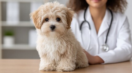 Veterinarian checking small dog at modern pet hospital animal care content bright clinic environment professional vet consultation