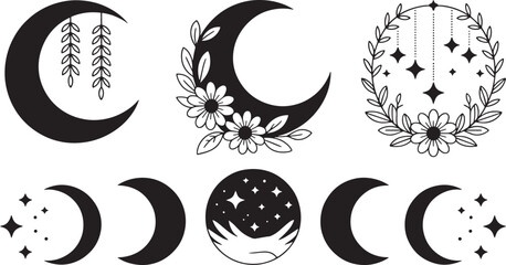 Celestial moon phases with floral and star embellishments crescent stars © Laila