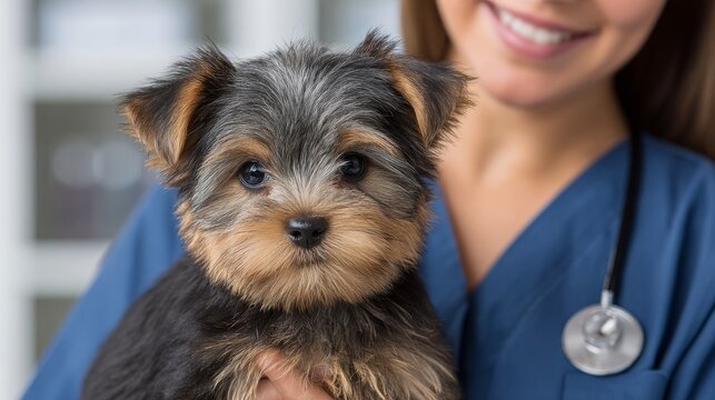Veterinarian examines small dog in modern animal clinic pet health check-up veterinary hospital professional environment