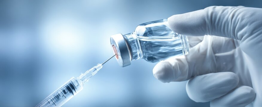 The healthcare professional prepares a vaccine with a syringe and a vial.