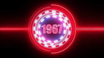 1967 text with screen effects of technological failures. Concept of counting years. Past year technology concept