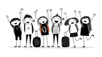 Six happy children with luggage, joyfully raising their hands, ready for a fun adventure or trip together.