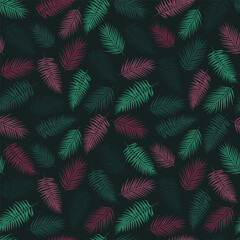 Seamless tropical pattern, vivid tropic foliage, with palm leaves. Modern bright summer print design. Black background