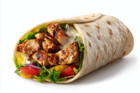 Delicious jerk chicken wrap filled with fresh vegetables and creamy sauce on a white background ideal for food enthusiasts