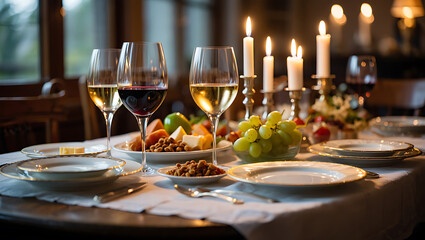 Photo of a romantic dinner setting is elegantly arranged on a wooden table, featuring glasses of red and white wine, cheese, grapes, and candles creating a warm ambiance