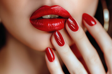 Naklejka premium Fashionable Red Lips and Nail Polish – Beauty Photography Concept