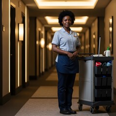 Black housekeeper standing proudly in hotel hallway on Labor Day