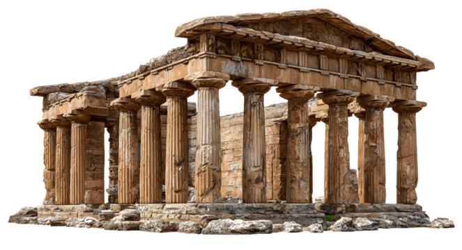 Majestic ancient Greek temple ruins with imposing columns and a crumbling pediment, on a transparent background