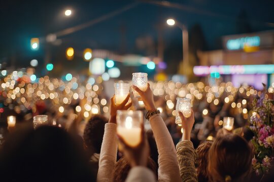 candles held by crowd at night