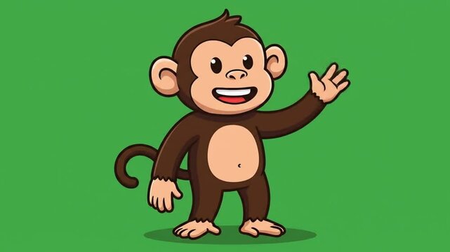 A funny cartoon monkey mascot with oversized grin happily raises one hand to greet viewers in colorful animation