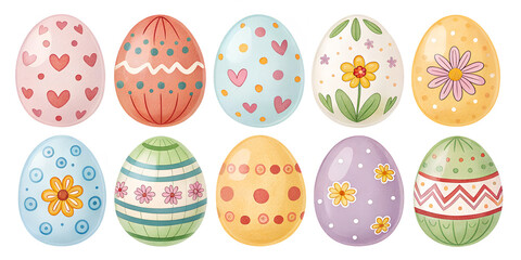 Child's drawing of various painted Easter eggs isolated on transparent background