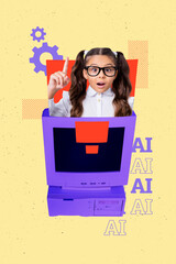 Vertical pop 3d poster banner collage of astonished schoolgirl peek pc monitor gearwheel artificial...