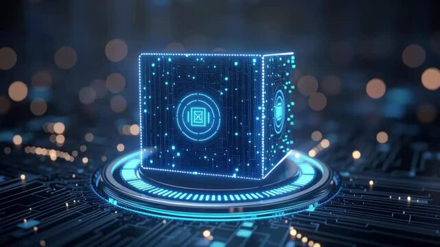 Artificial intelligence system analyzing data on a large screen, futuristic office, cool blue lighting