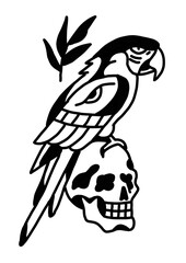 Macaw perched on a human skull, a striking symbol of life and death