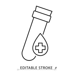 A blood test icon in minimalist style with editable stroke. Medical vial, laboratory sample, health check, diagnostic tool, blood drop, clinical testing, outline vector illustration