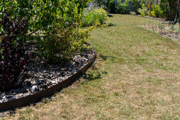 Jardin paysager aménagé par une entreprise spécialisée, avec pelouse, massifs fleuris, arbustes...