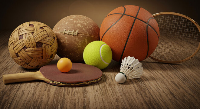 Sports and Recreation Gear Laying on Textured Wood