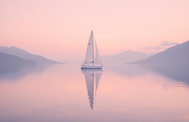 Fototapeta premium White sailboat reflected on calm mirror water, pink-orange sunrise and mountains, tranquil nature photo for serenity and minimalism themes
