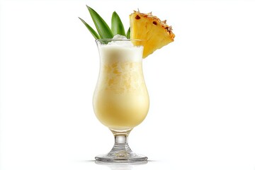 Refreshing piña colada served in hurricane glass with pineapple garnish against a clean white background for a tropical vibe