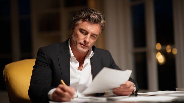 Professional Reviewing Contracts in a Well-Lit Office - Powered by Adobe