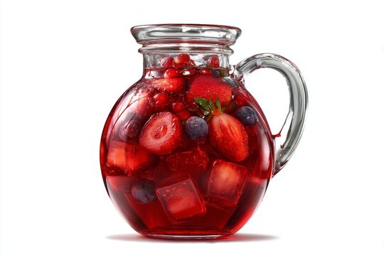 Refreshing Russian kompot fruit beverage pitcher filled with vibrant berries and ice on a clean white background perfect for summer gatherings and festivities