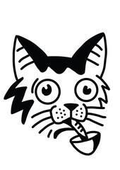 Wide-eyed cat looking into empty food bowl. Hungry, surprised pet art