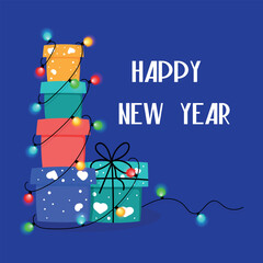 New Year card. Gift boxes and a bright garland. Vector illustration