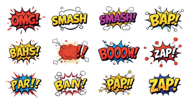 Colorful comic style vector illustration with dynamic action words for graphic design