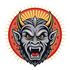 Obraz premium Gray gargoyle face screams, encircled by fiery halo.