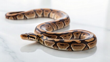 Obraz premium Close-up of a healthy ball python, its striking patterns and smooth scales highlighted against a stark white backdrop, ideal for pet care or educational content.