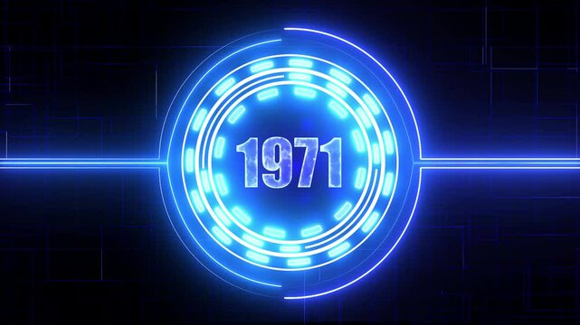 1971 text with screen effects of technological failures. Concept of counting years. Past year technology concept