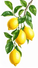 Ripe Yellow Lemons on Branch with Lush Green Leaves