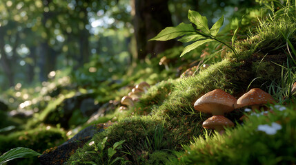 Obraz premium Enchanted Forest Scene: A close-up view of a magical forest floor, showcasing lush moss, sprouting mushrooms, and dappled sunlight filtering through the trees, evokes a sense of peace and wonder.