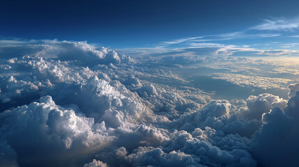 Fototapeta premium Celestial Panorama: An awe-inspiring vista of billowing clouds fills the frame, painted across a vast expanse of blue, showcasing the majestic grandeur of the natural world.