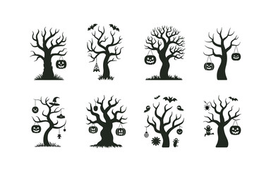 Halloween Silhouette Trees Vector Set with Pumpkins, Bats, Ghosts, Witches Hat, Spider and other Symbols