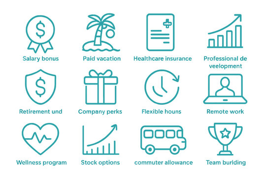 Corporate benefits icons vector illustration: professional development, wellness, remote work, and more