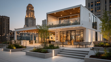 Modern Rooftop Cafe: Captivating image of a contemporary rooftop cafe, seamlessly blending modern architecture with urban elegance, bathed in the warm glow of twilight.