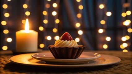 A cupcake with cream and a strawberry sits on a plate, illuminated by a candle and surrounded by soft, glowing lights.